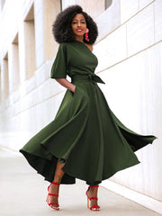 Asymmetrical Neck Sash Short Sleeves Layered Semi Formal Party Dress