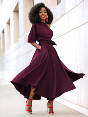 Asymmetrical Neck Sash Short Sleeves Layered Semi Formal Party Dress