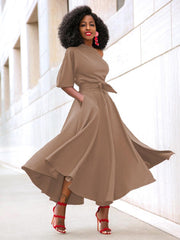Asymmetrical Neck Sash Short Sleeves Layered Semi Formal Party Dress
