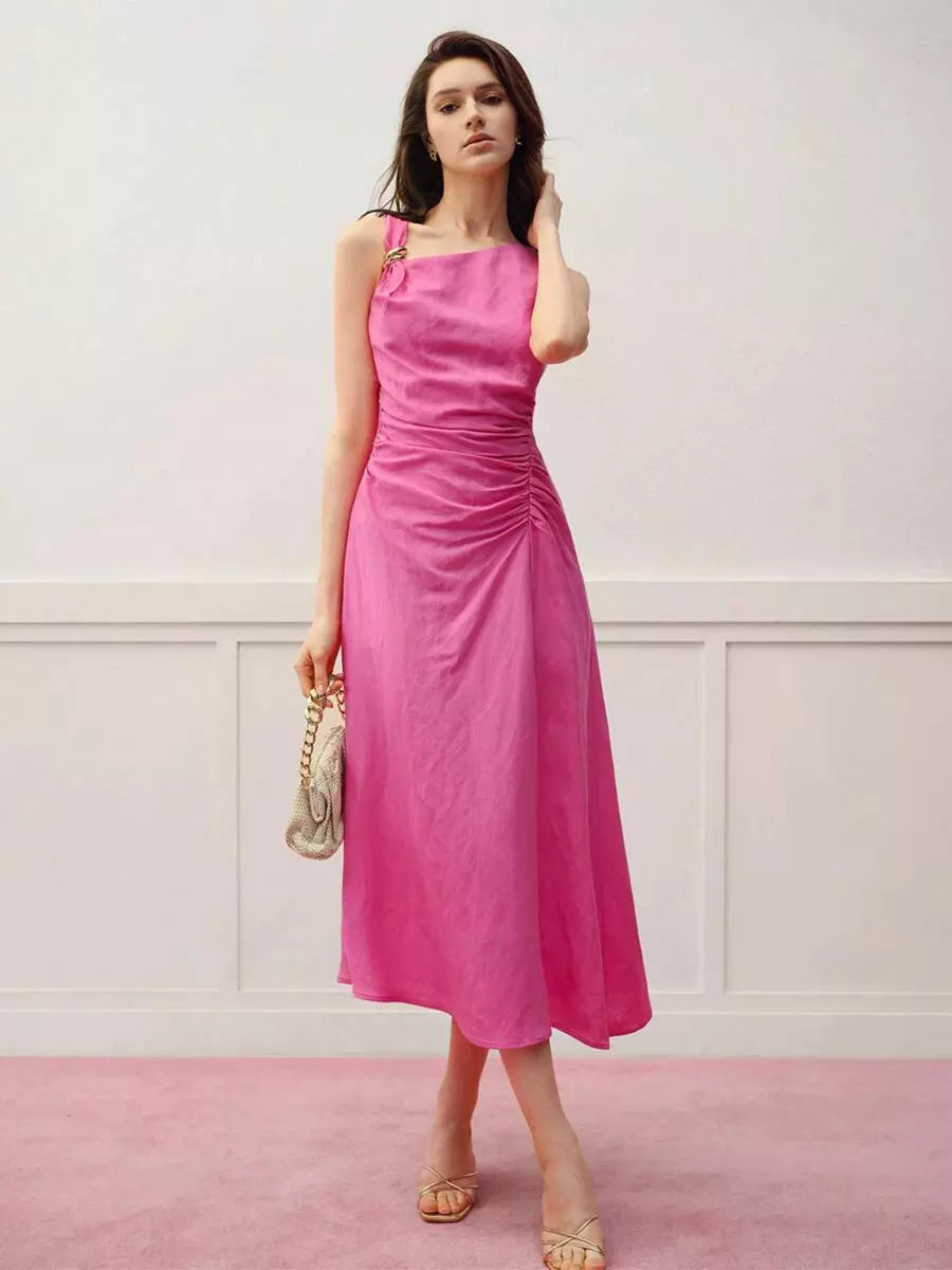 Asymmetrical Pleated With Ruched Waist Sleeveless Street Wear Midi Dress