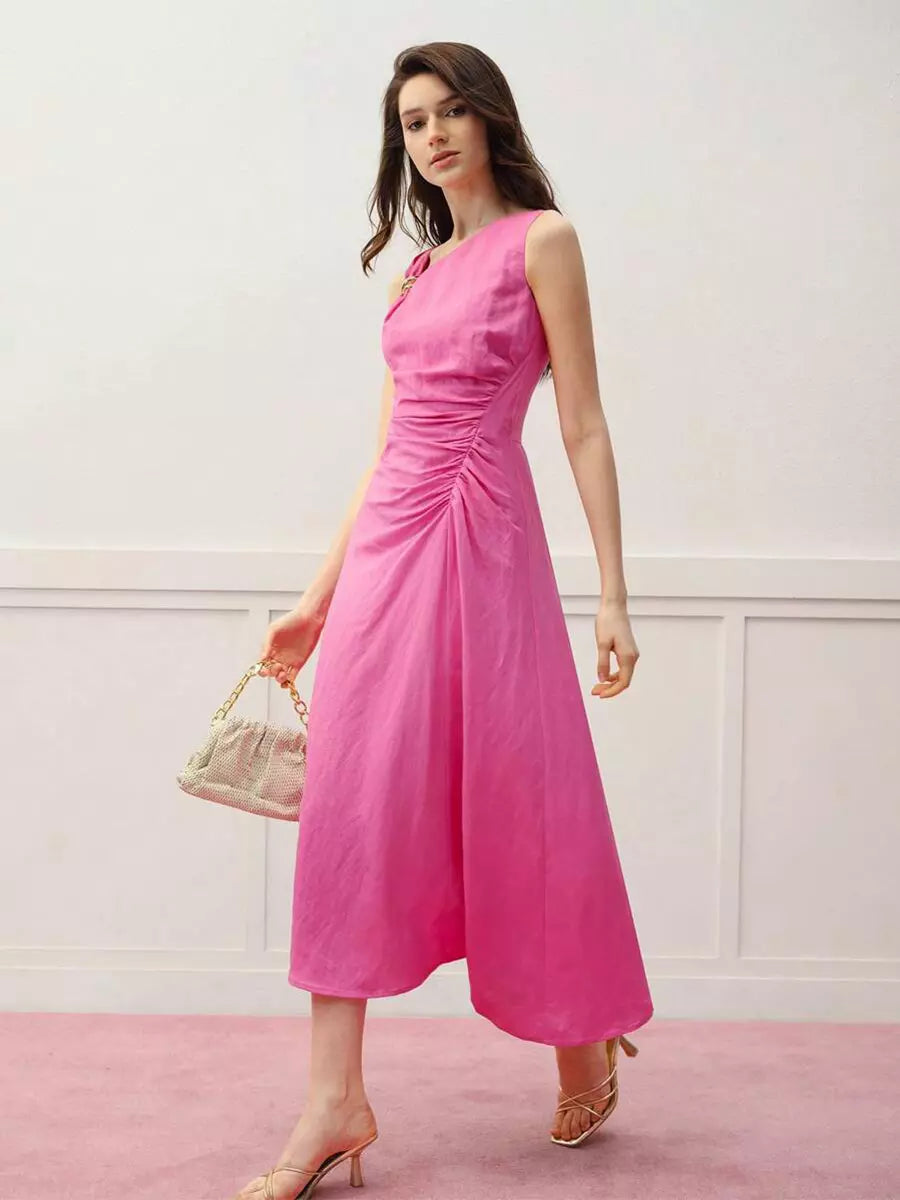 Asymmetrical Pleated With Ruched Waist Sleeveless Street Wear Midi Dress