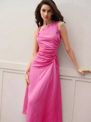 Asymmetrical Pleated With Ruched Waist Sleeveless Street Wear Midi Dress