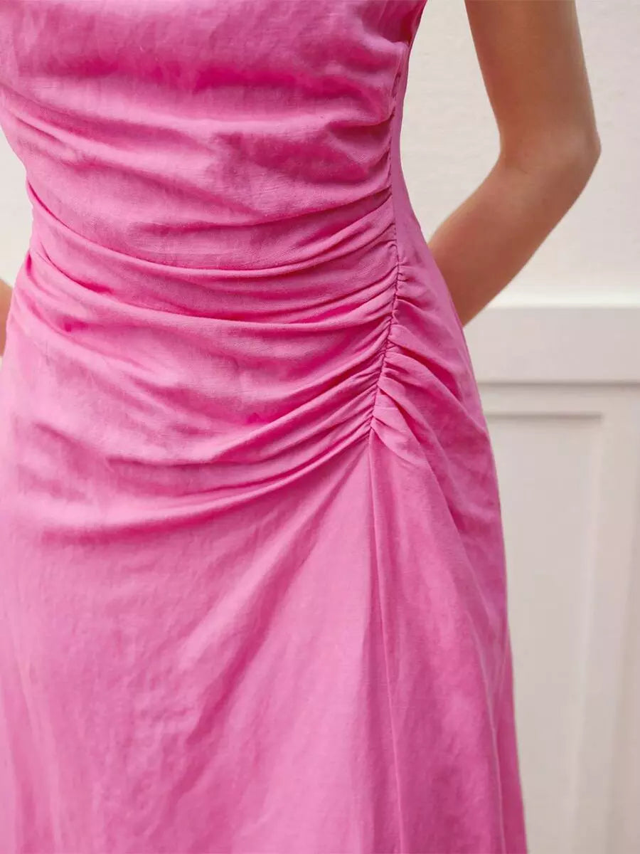 Asymmetrical Pleated With Ruched Waist Sleeveless Street Wear Midi Dress