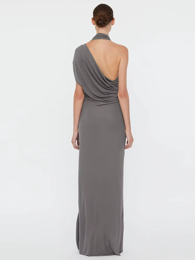 Asymmetrical Unique Metal Splice Incline Shoulder Skinny Long Robe Maxi Dress