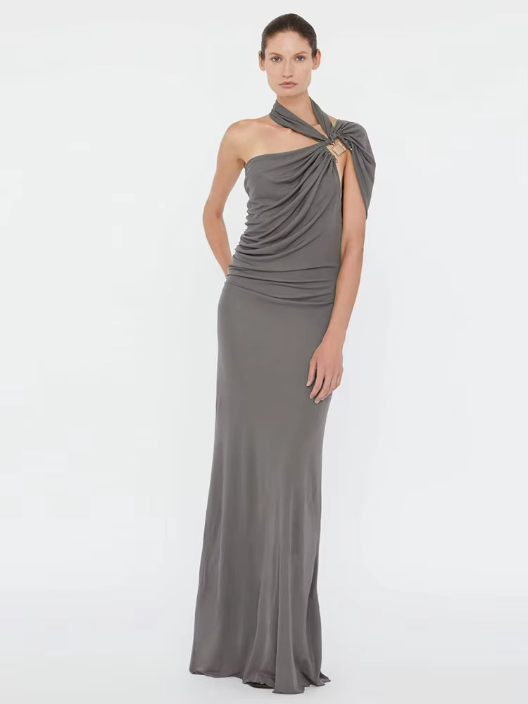 Asymmetrical Unique Metal Splice Incline Shoulder Skinny Long Robe Maxi Dress