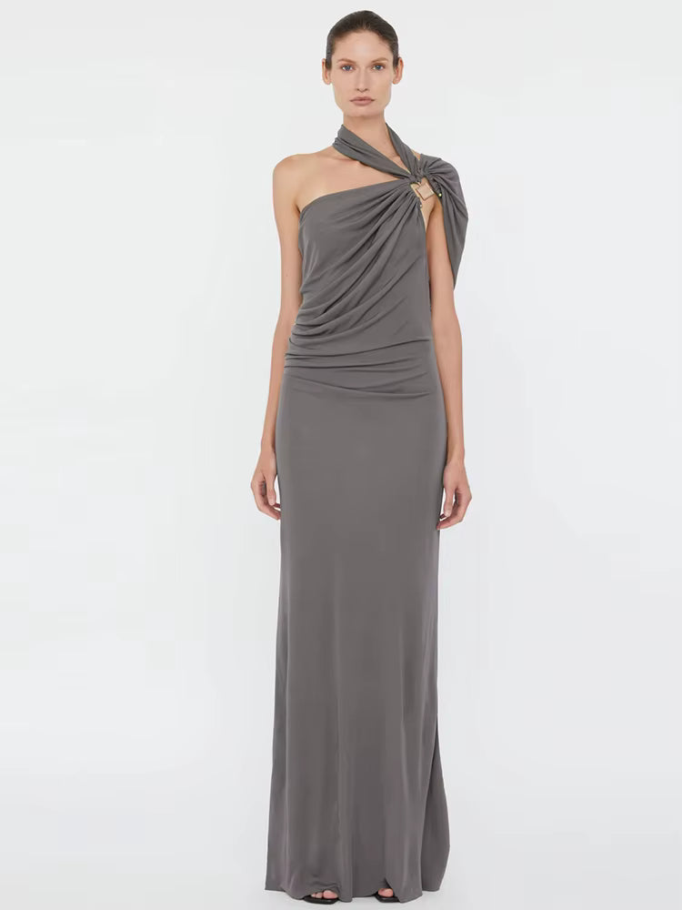 Asymmetrical Unique Metal Splice Incline Shoulder Skinny Long Robe Maxi Dress