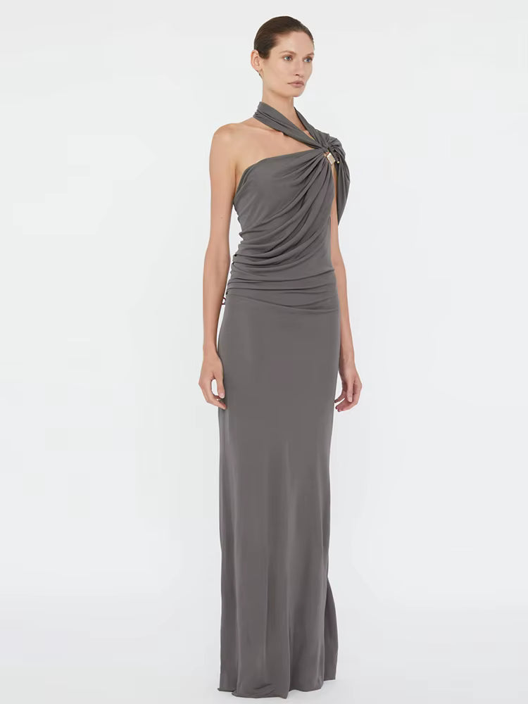 Asymmetrical Unique Metal Splice Incline Shoulder Skinny Long Robe Maxi Dress