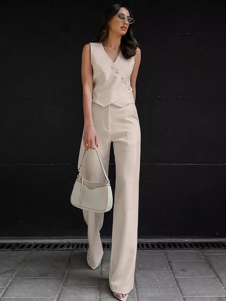 Asymmetrical V-neck Buttons Sleeveless Top And Straight Pants Two Piece Set