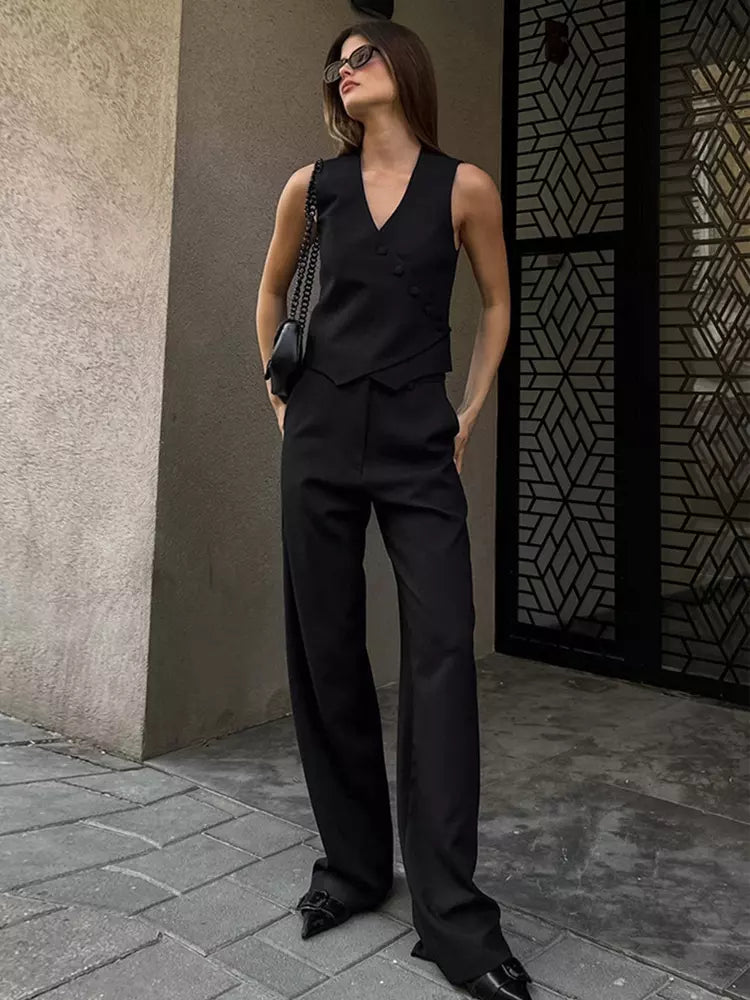 Asymmetrical V-neck Buttons Sleeveless Top And Straight Pants Two Piece Set