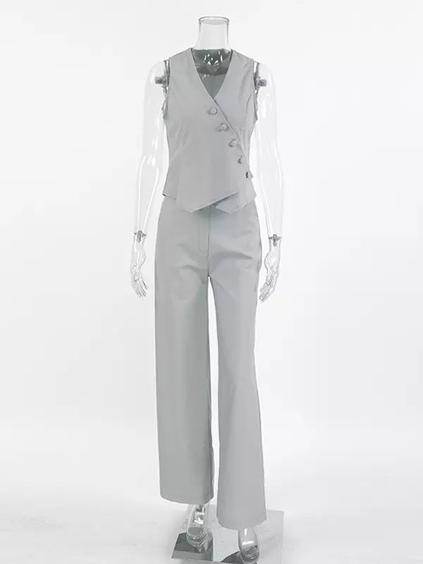 Asymmetrical V-neck Buttons Sleeveless Top And Straight Pants Two Piece Set