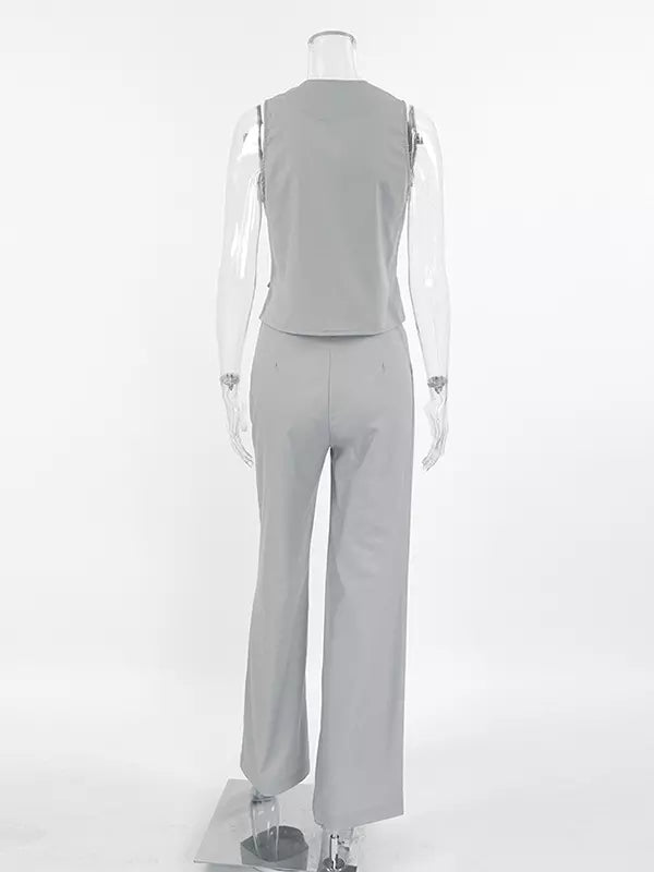 Asymmetrical V-neck Buttons Sleeveless Top And Straight Pants Two Piece Set