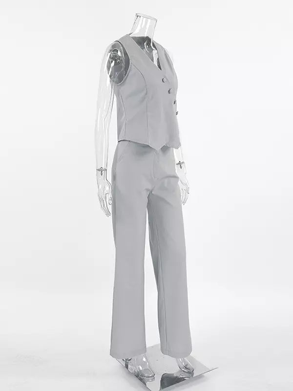 Asymmetrical V-neck Buttons Sleeveless Top And Straight Pants Two Piece Set