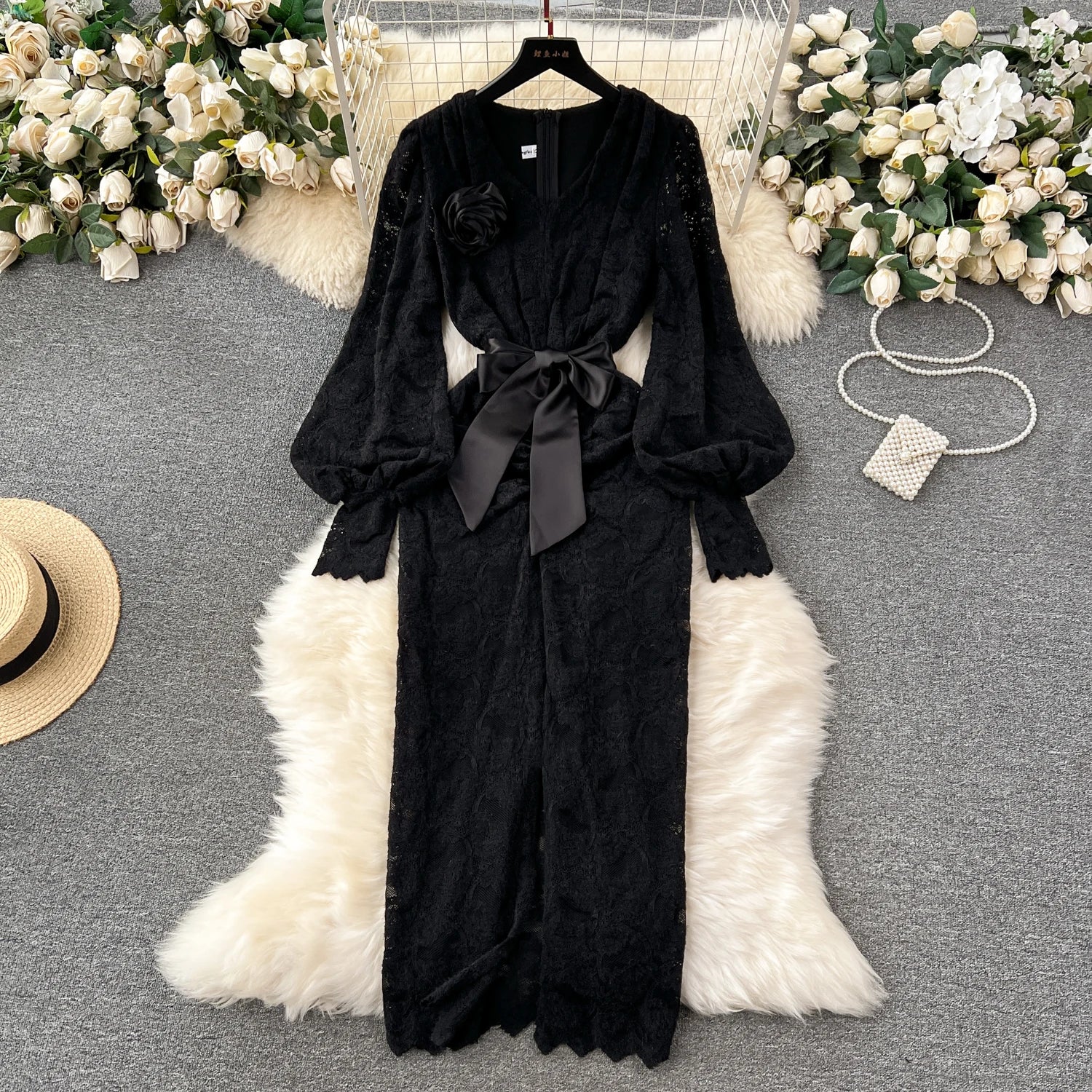 Autumn Dress for Women 3D Floral V-neck Lantern Sleeve Bodycon Dresses