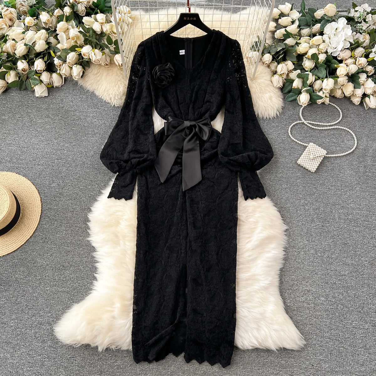 Autumn Dress for Women 3D Floral V-neck Lantern Sleeve Bodycon Dresses