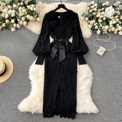 Autumn Dress for Women 3D Floral V-neck Lantern Sleeve Bodycon Dresses