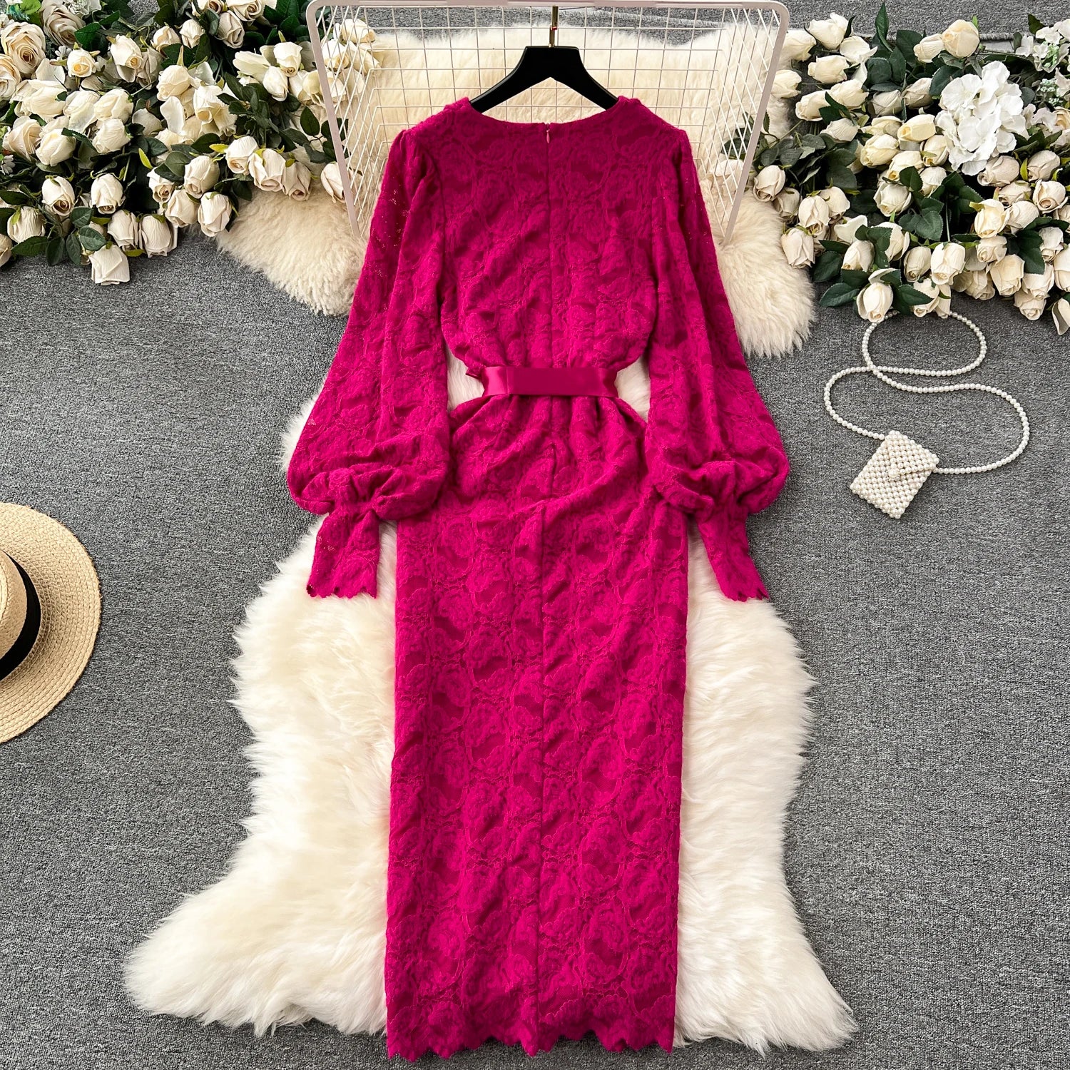 Autumn Dress for Women 3D Floral V-neck Lantern Sleeve Bodycon Dresses