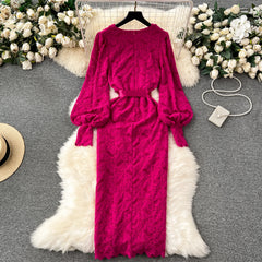 Autumn Dress for Women 3D Floral V-neck Lantern Sleeve Bodycon Dresses