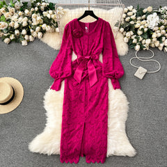 Autumn Dress for Women 3D Floral V-neck Lantern Sleeve Bodycon Dresses