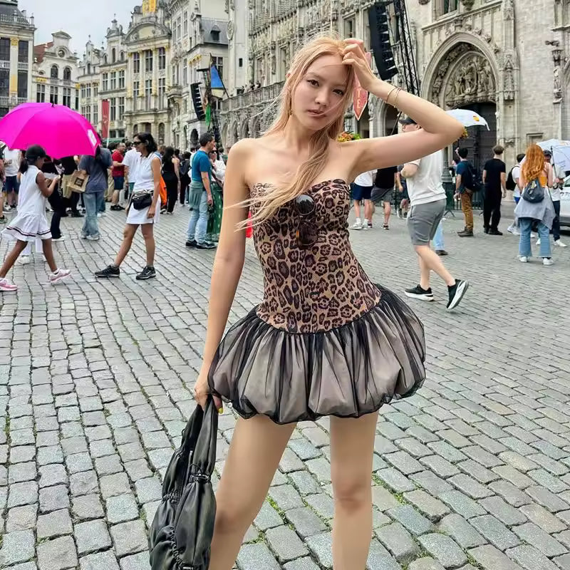 Backless Corset Leopard Print Splicing Nightclub Fluffy Hem Retro Suspender Skirt Dress
