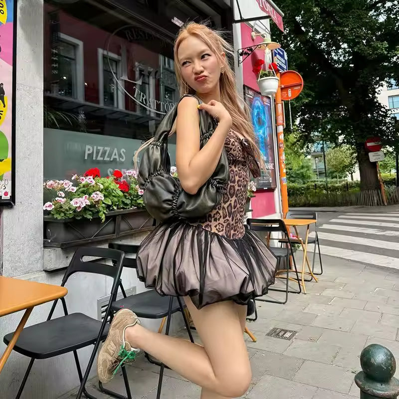 Backless Corset Leopard Print Splicing Nightclub Fluffy Hem Retro Suspender Skirt Dress