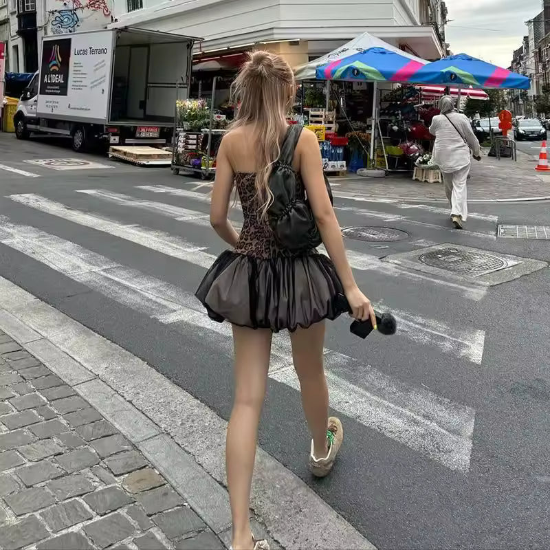 Backless Corset Leopard Print Splicing Nightclub Fluffy Hem Retro Suspender Skirt Dress