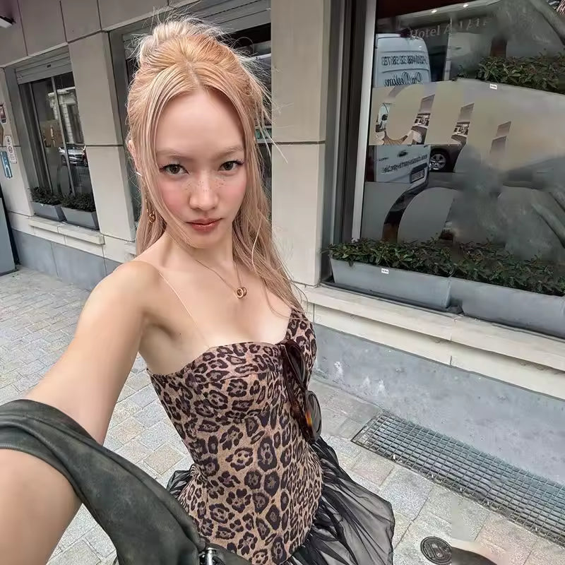 Backless Corset Leopard Print Splicing Nightclub Fluffy Hem Retro Suspender Skirt Dress