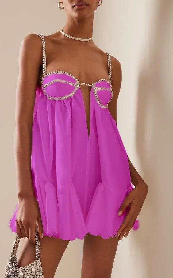Backless Diamond Drawstring Square Collar Solid Color Mini Party Dress