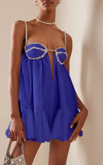 Backless Diamond Drawstring Square Collar Solid Color Mini Party Dress