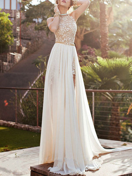 Backless High Slit Pleated Golden Long Dress
