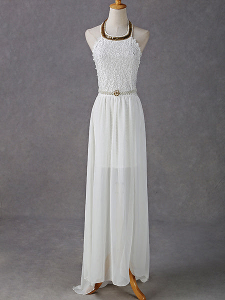 Backless High Slit Pleated Golden Long Dress