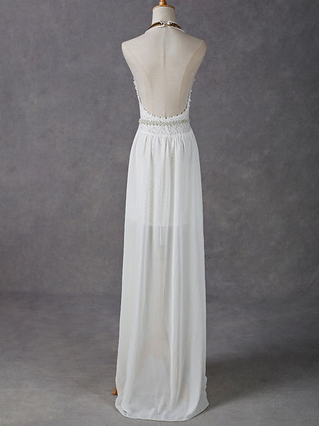 Backless High Slit Pleated Golden Long Dress