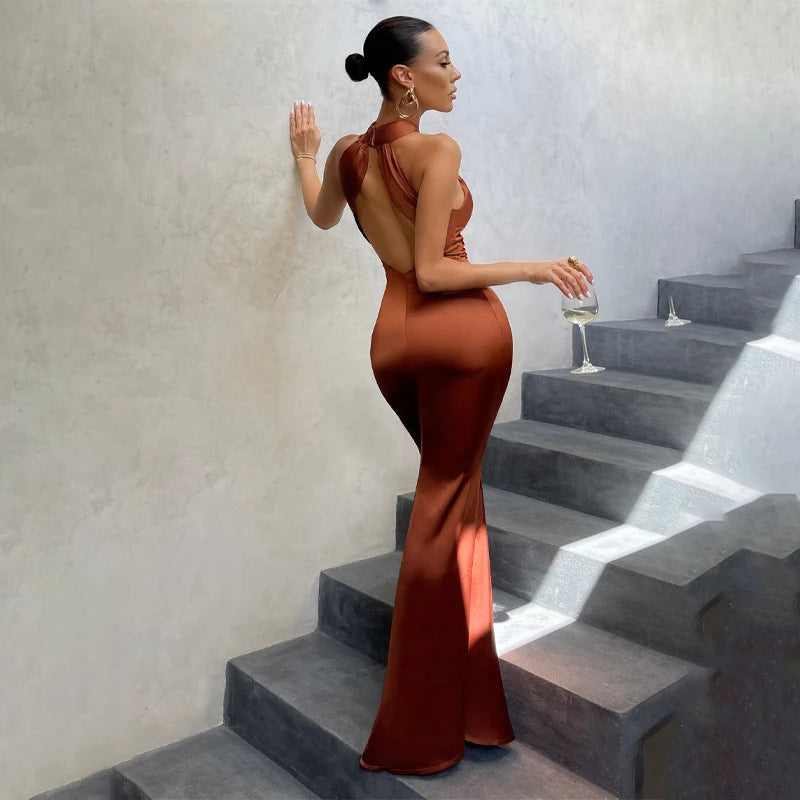 Backless Long Satin Dress Elegant Party Dress Criss Cross Cut Out Bodycon Maxi Dress