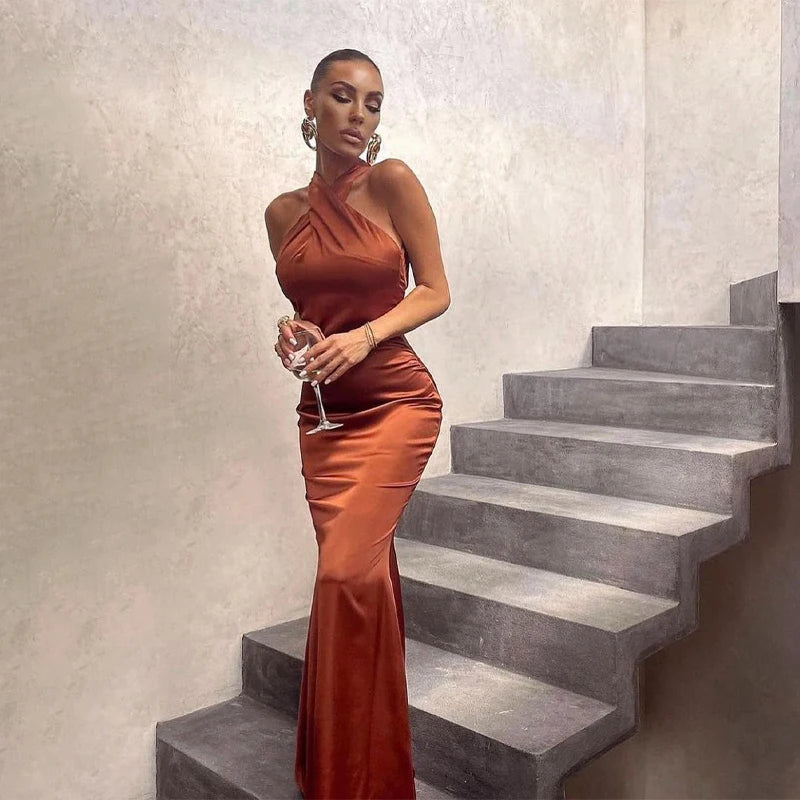 Backless Long Satin Dress Elegant Party Dress Criss Cross Cut Out Bodycon Maxi Dress