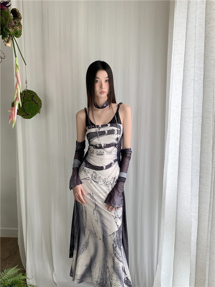 Backless Patchwork Mesh A Line Designer Mermaid Long Slip Dress
