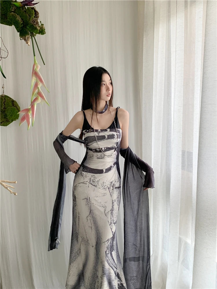 Backless Patchwork Mesh A Line Designer Mermaid Long Slip Dress