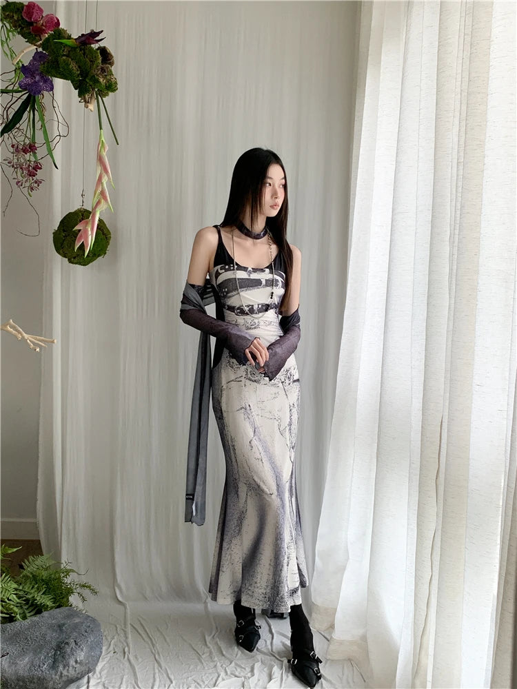 Backless Patchwork Mesh A Line Designer Mermaid Long Slip Dress