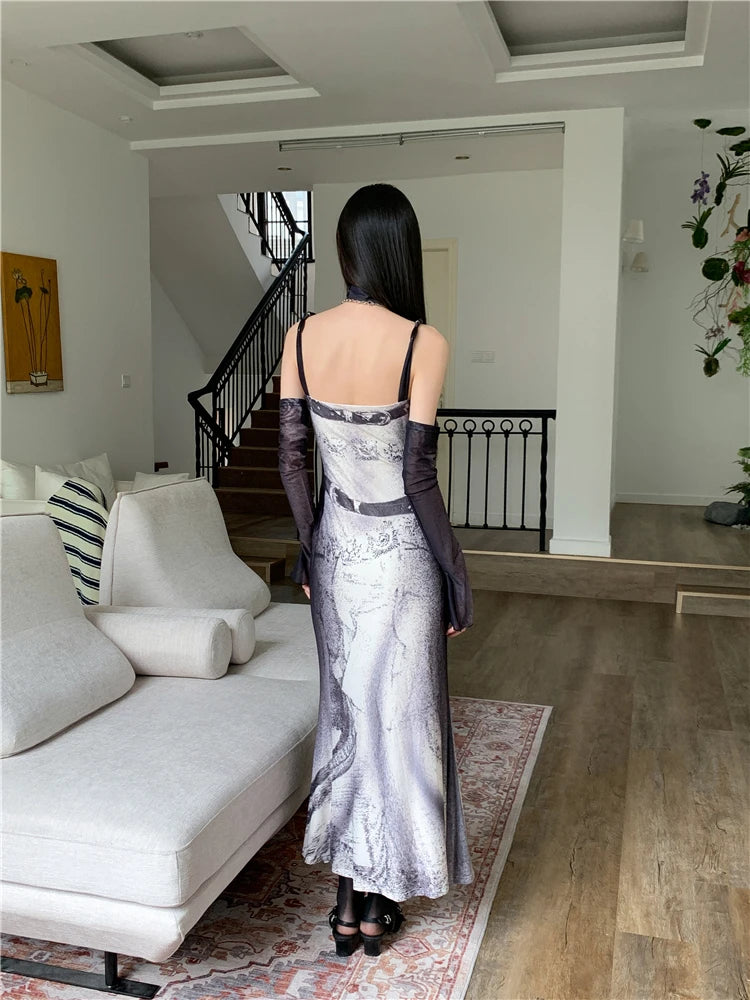 Backless Patchwork Mesh A Line Designer Mermaid Long Slip Dress