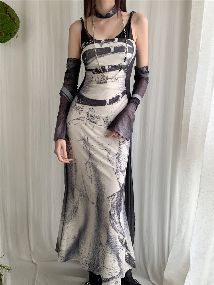 Backless Patchwork Mesh A Line Designer Mermaid Long Slip Dress