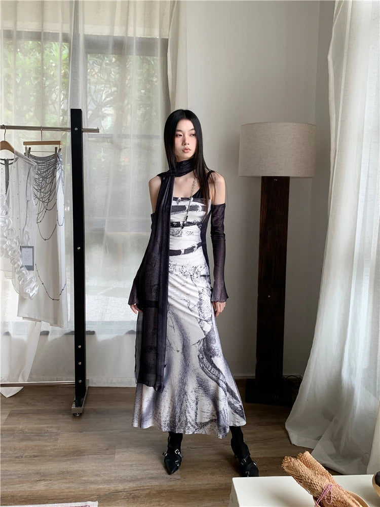 Backless Patchwork Mesh A Line Designer Mermaid Long Slip Dress