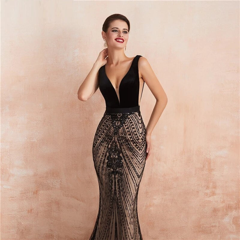 Backless Mermaid Sequins Long Prom Party Dress