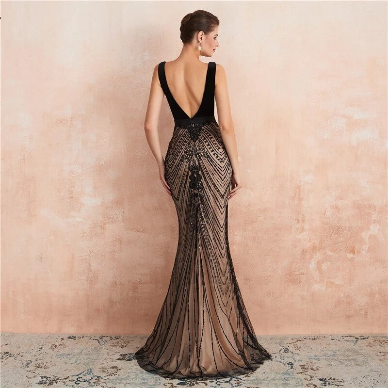 Backless Mermaid Sequins Long Prom Party Dress
