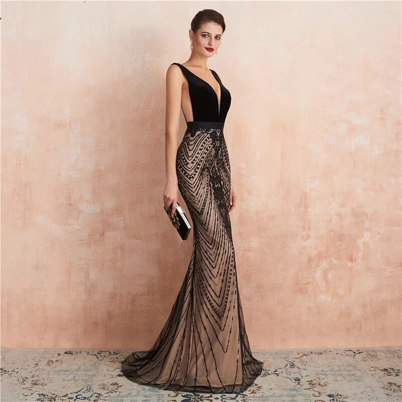Backless Mermaid Sequins Long Prom Party Dress