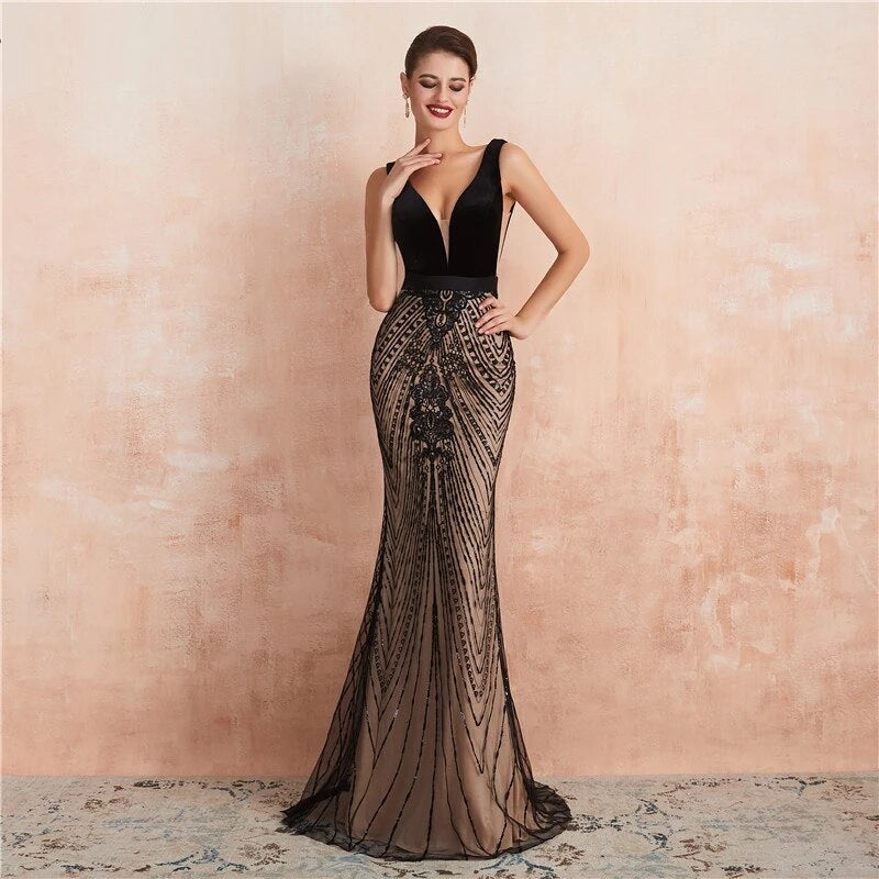 Backless Mermaid Sequins Long Prom Party Dress