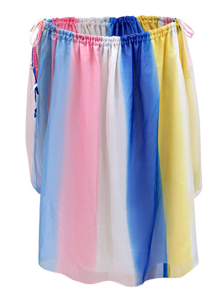 Bateau Neck Lace Up Polyester Stripes Tunic Shift Dress