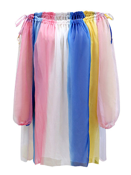 Bateau Neck Lace Up Polyester Stripes Tunic Shift Dress