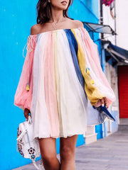 Bateau Neck Lace Up Polyester Stripes Tunic Shift Dress
