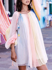 Bateau Neck Lace Up Polyester Stripes Tunic Shift Dress