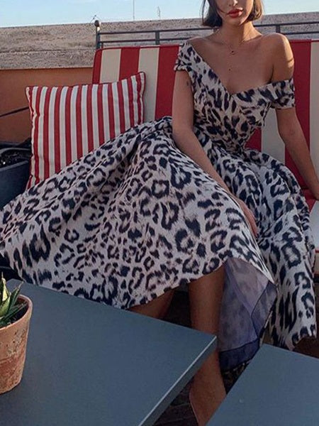 Bateau Neck Leopard Print Beach Dress