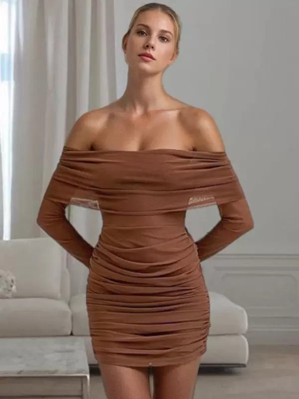 Bateau Neck Pleated Stretch Chic Long Sleeves Pencil Bodycon Dress