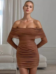 Bateau Neck Pleated Stretch Chic Long Sleeves Pencil Bodycon Dress